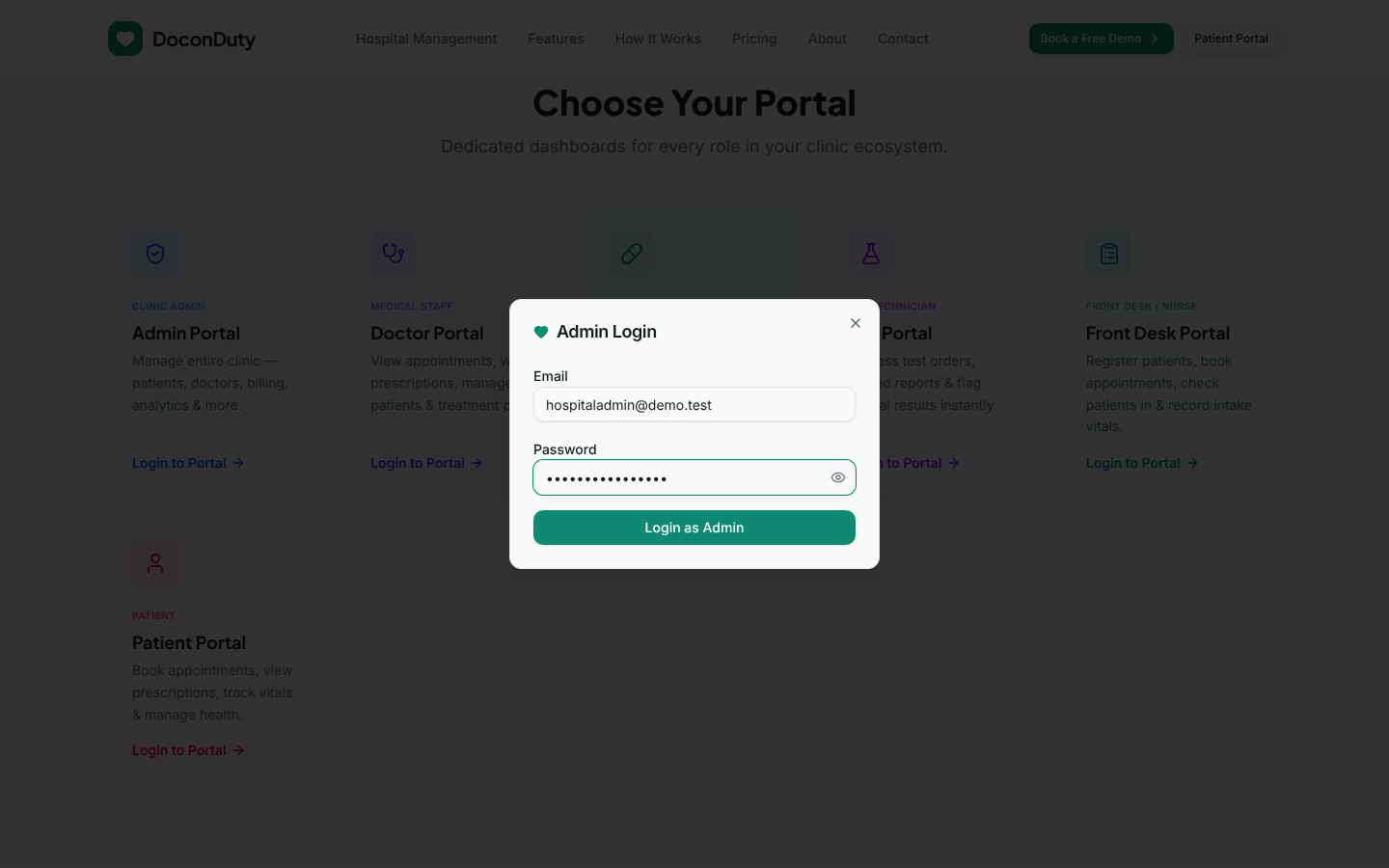 The Admin Login window with Email and Password fields and the "Login as Admin" button.