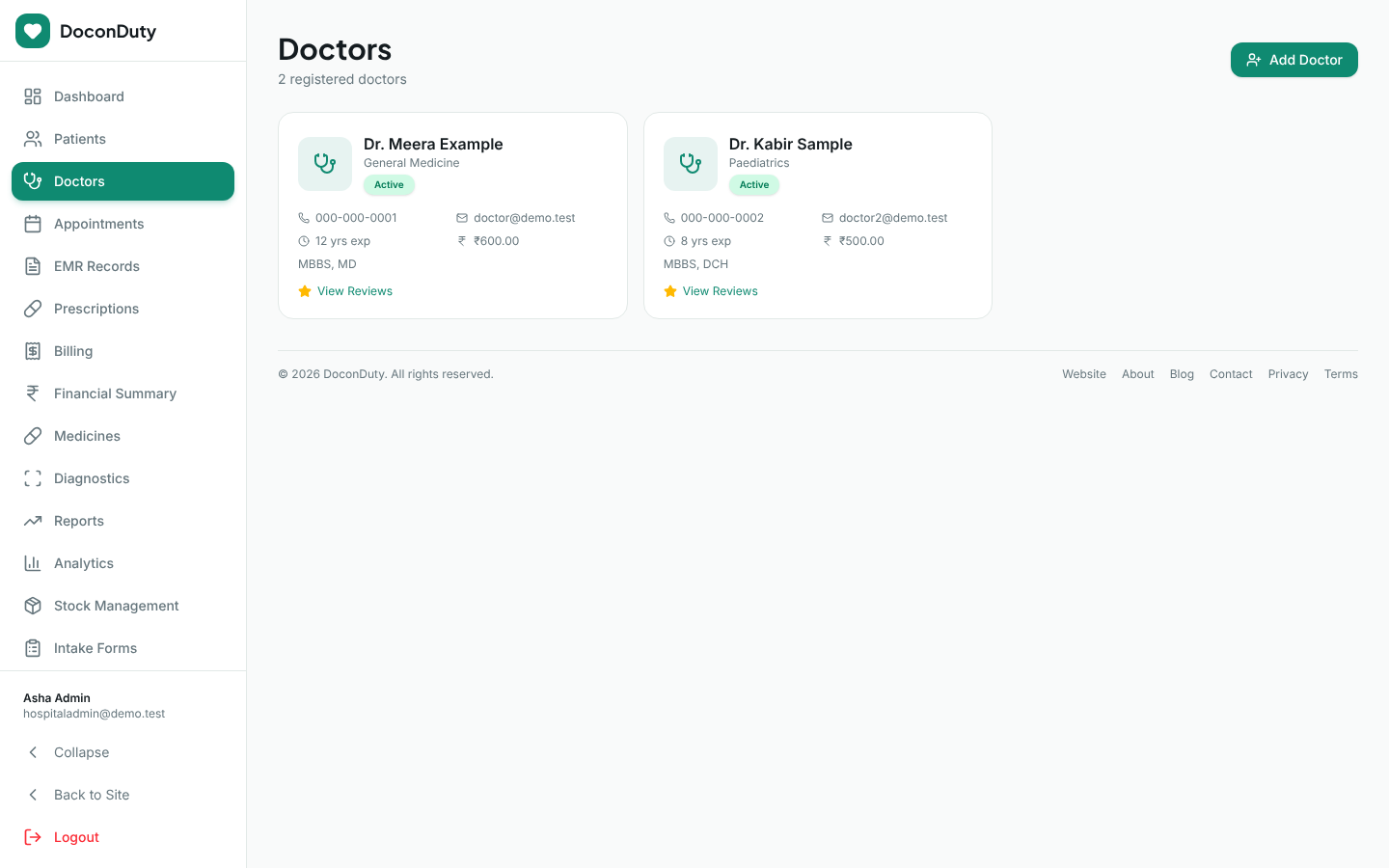 The Doctors page showing doctor cards with specialization, status, phone, email, experience and fee.