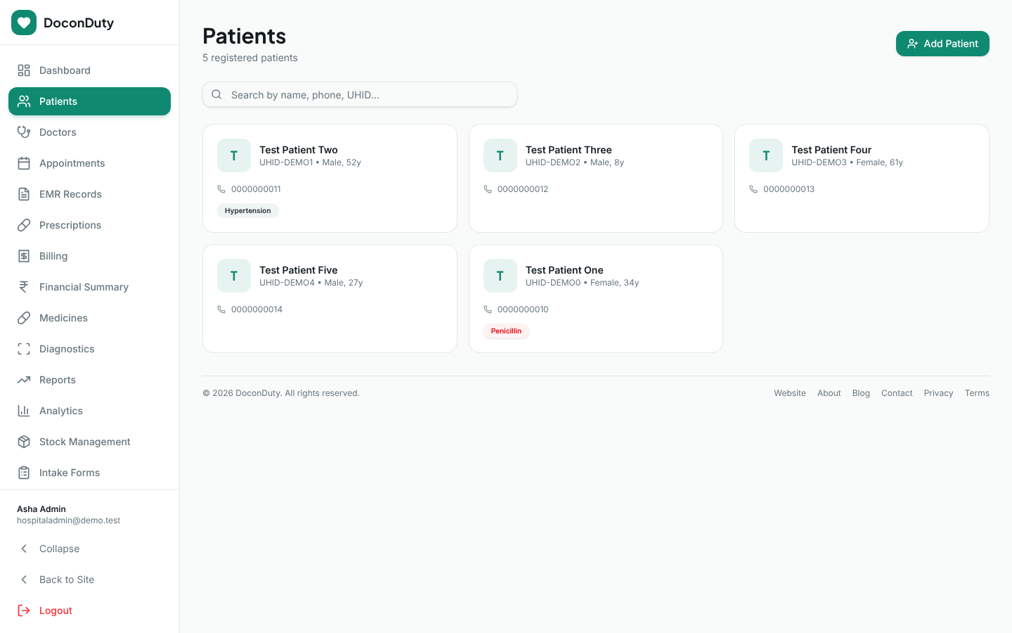 The Patients page with a search box and a list of patients.