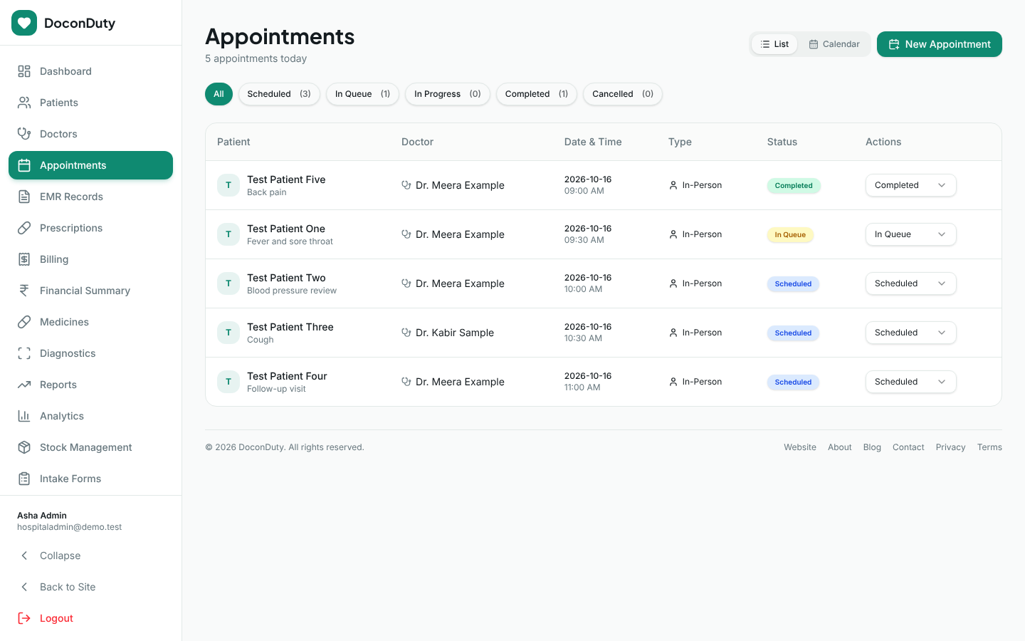 The Appointments list with filter buttons and a status menu in each row.