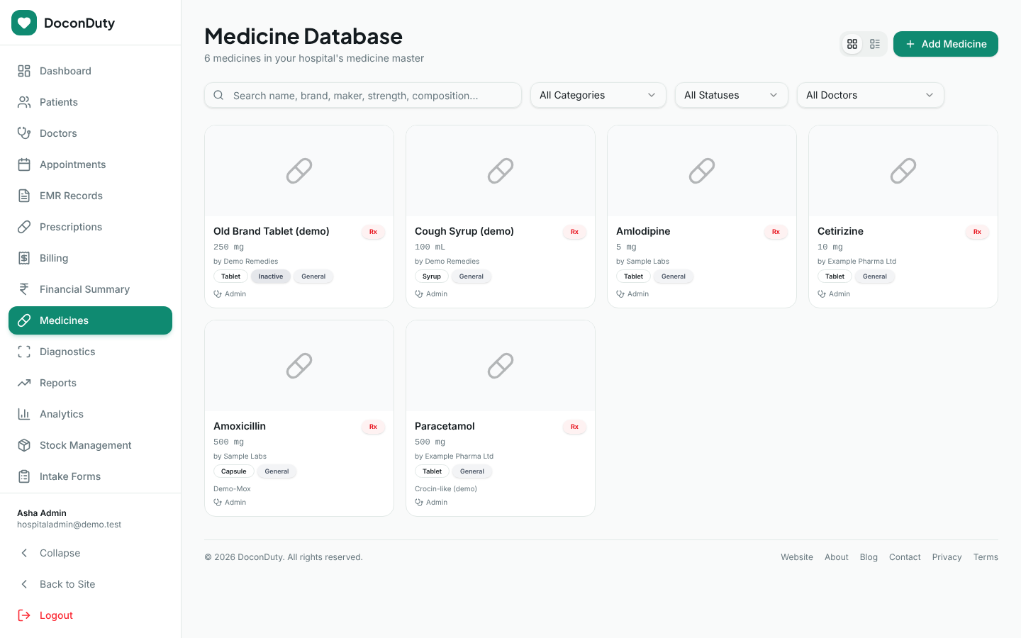 The Medicine Database page showing medicine cards with strength, maker, dosage form and status, plus search and filter boxes.