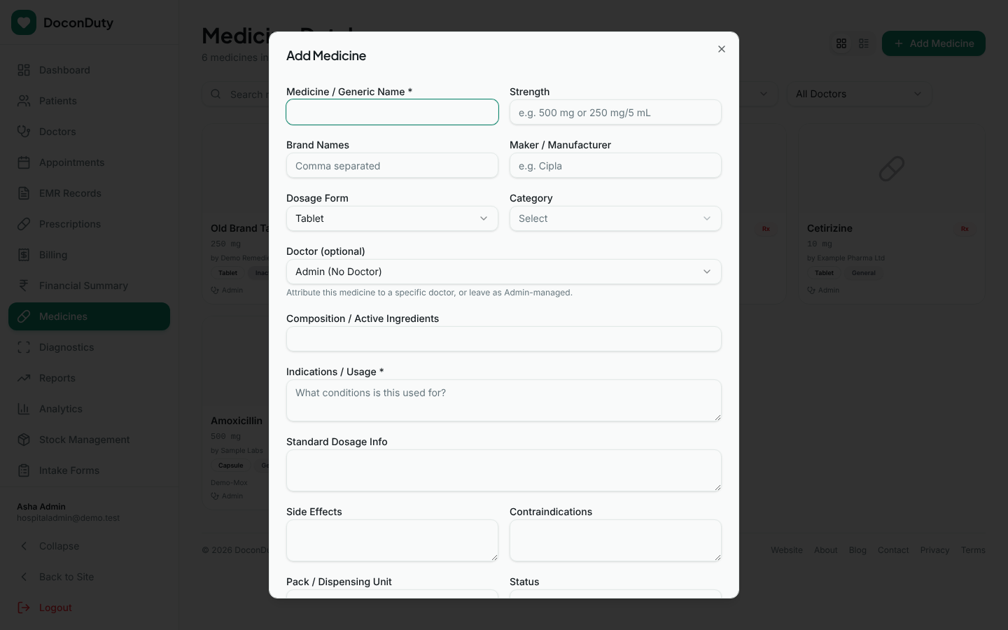 The Add Medicine window with name, strength, brand, maker, dosage form, category, status and other fields.