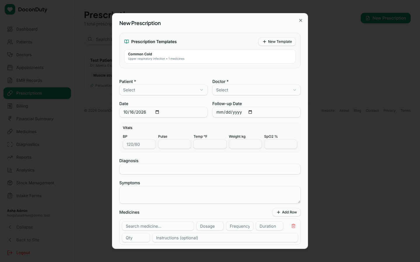The New Prescription window with the Prescription Templates box, patient and doctor selectors, vitals, diagnosis, symptoms and medicine rows.