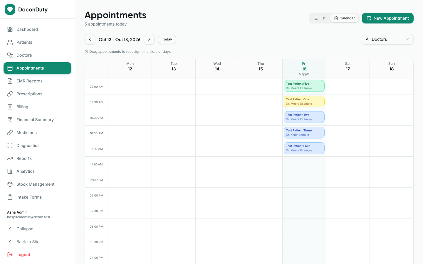 The weekly appointment calendar, where appointments can be dragged to a new time.