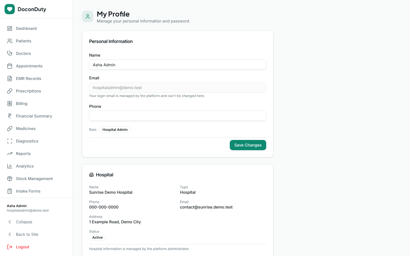 The My Profile page with Personal Information, Hospital details and Change Password sections.