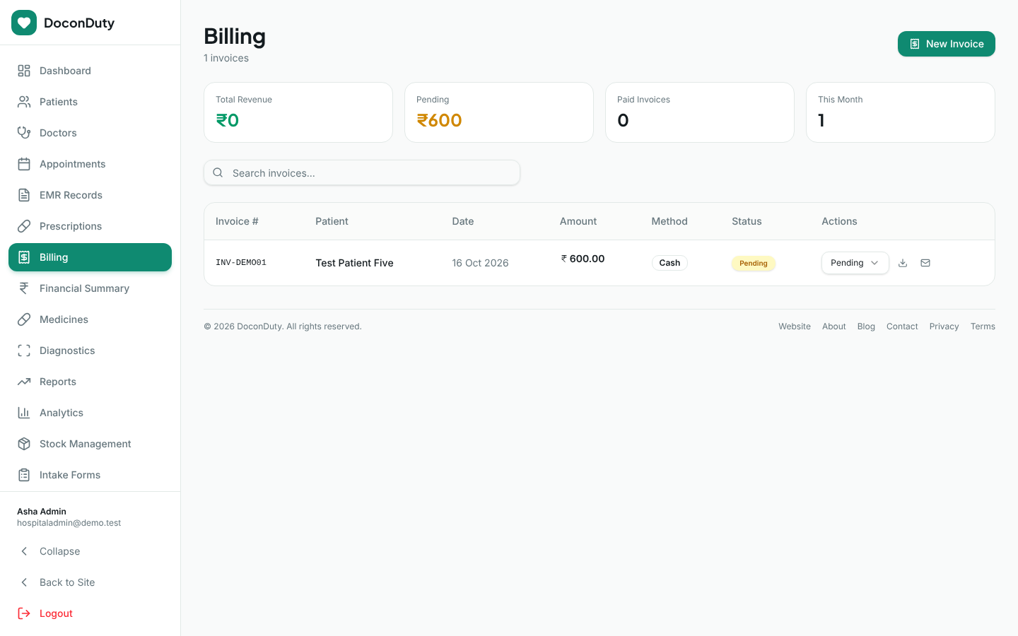 The Billing page with revenue totals and an invoice list with status menus, download and email buttons.