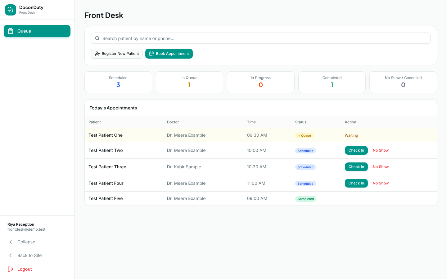 The Front Desk page with the patient search box, Register New Patient and Book Appointment buttons, status counters and Today's Appointments table.