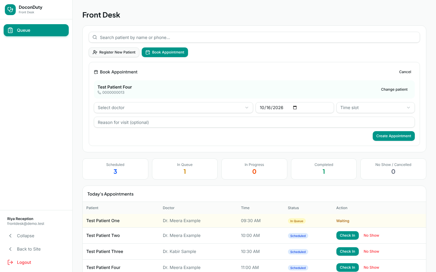 The Book Appointment panel with the selected patient, doctor selector, date, time slot and reason for visit.