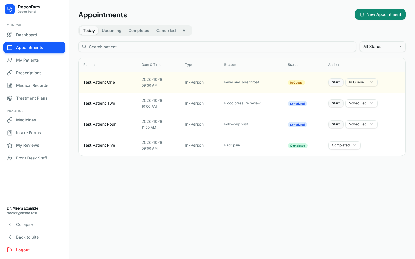 The doctor's Appointments page with Today, Upcoming, Completed, Cancelled and All views.