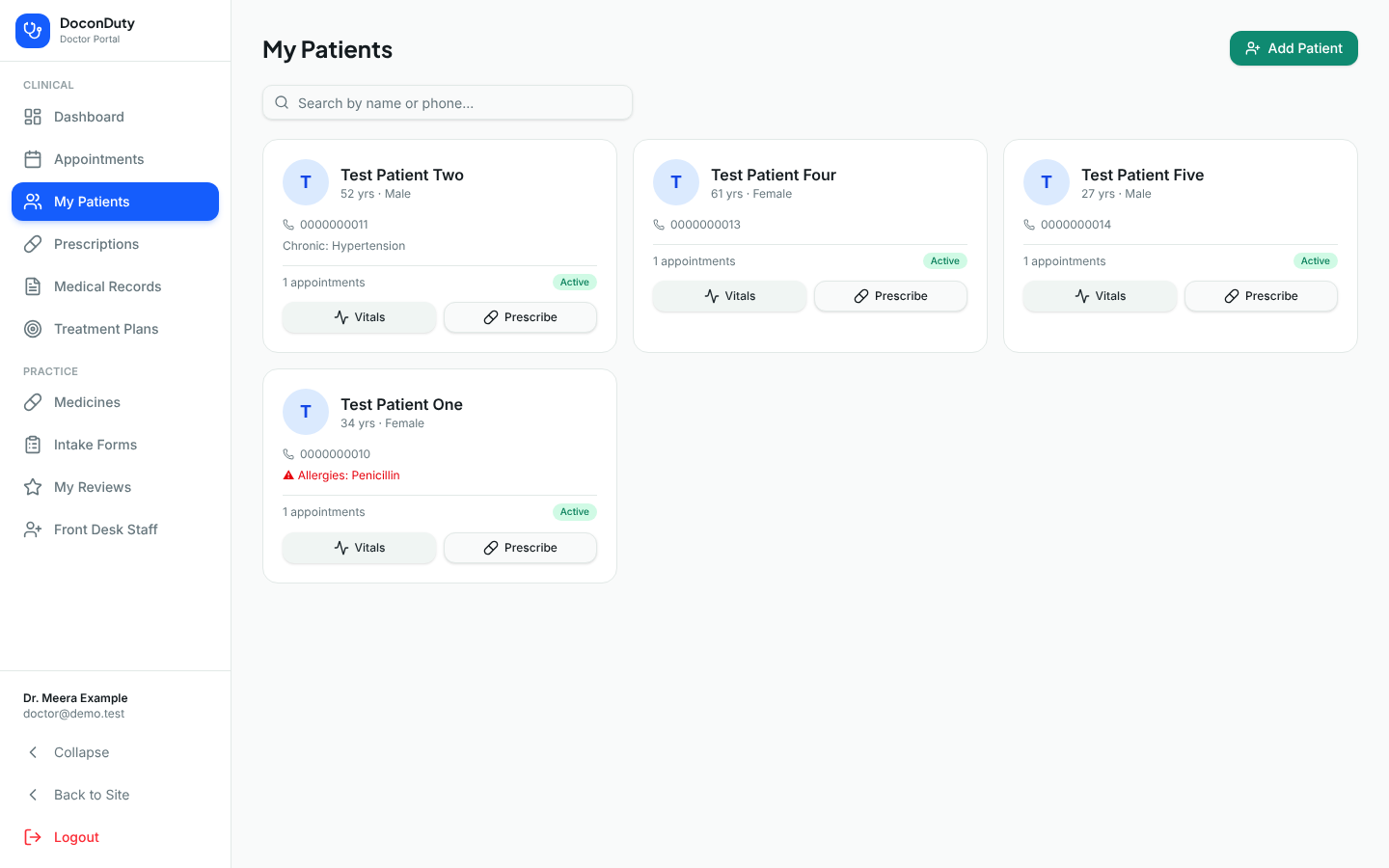 The My Patients page with patient cards and Vitals and Prescribe buttons.