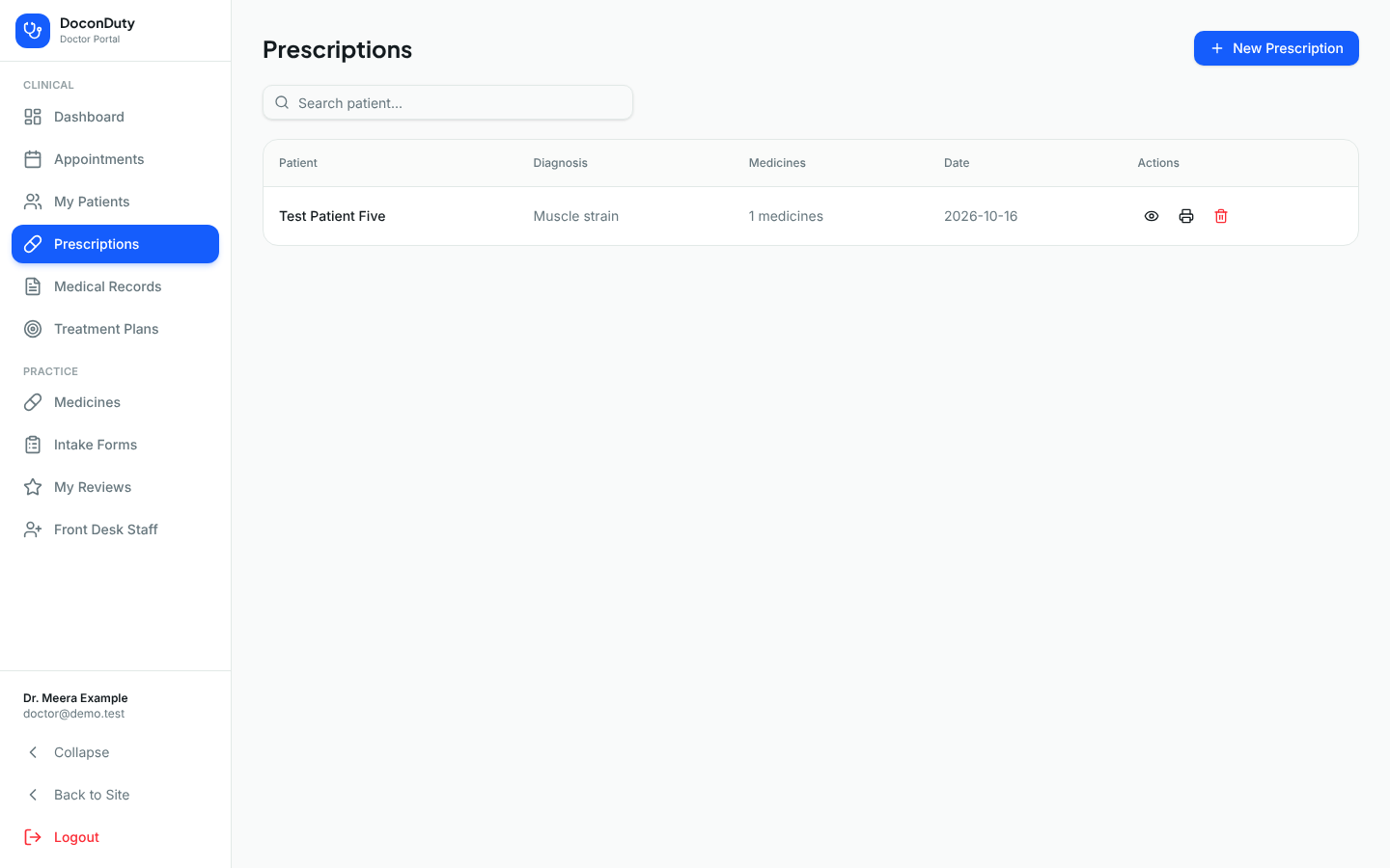 The doctor's Prescriptions page listing prescriptions with view, print and delete buttons.
