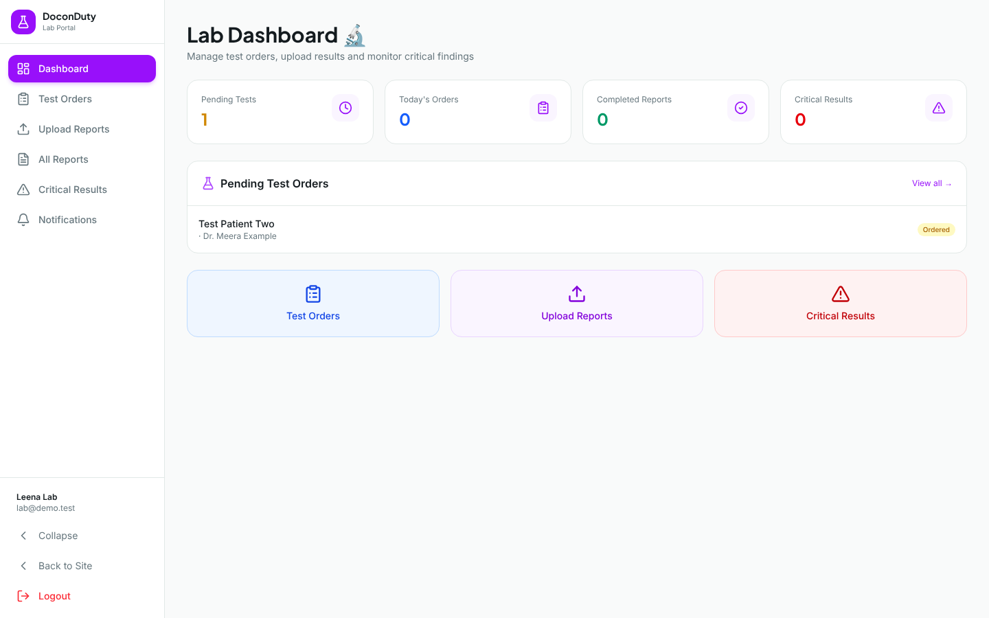 The Lab Dashboard showing counters and pending test orders.