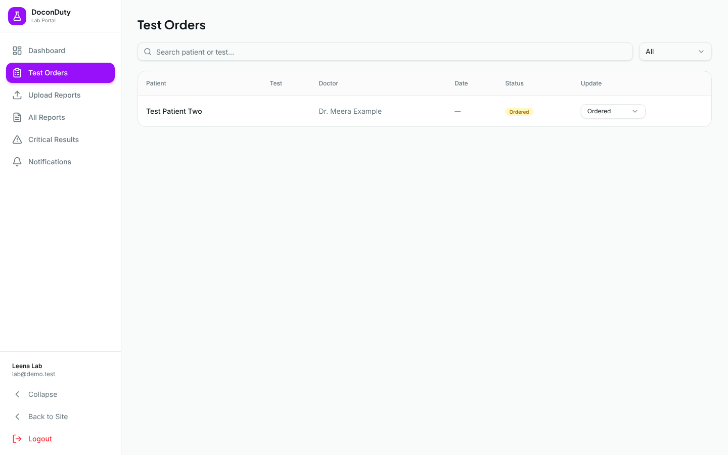 The Test Orders page listing orders with patient, test, doctor, date and a status menu.
