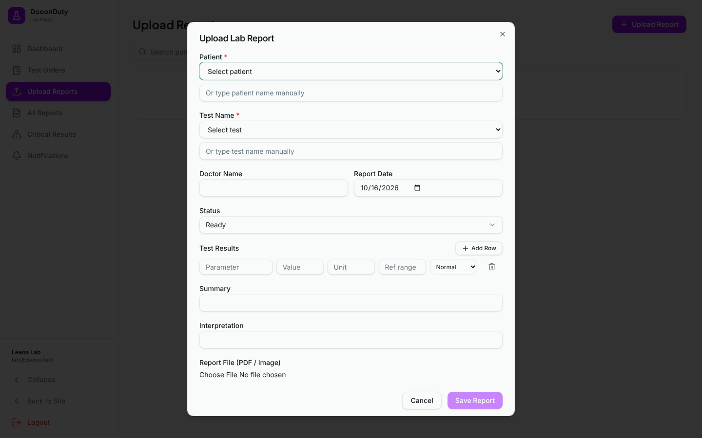 The Upload Lab Report window with patient, test name, doctor, date, status, result rows, summary, interpretation and file fields.
