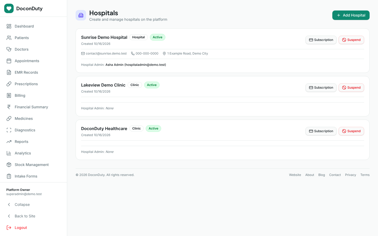 The Hospitals page listing hospitals with type, status, creation date and Subscription and Suspend buttons.