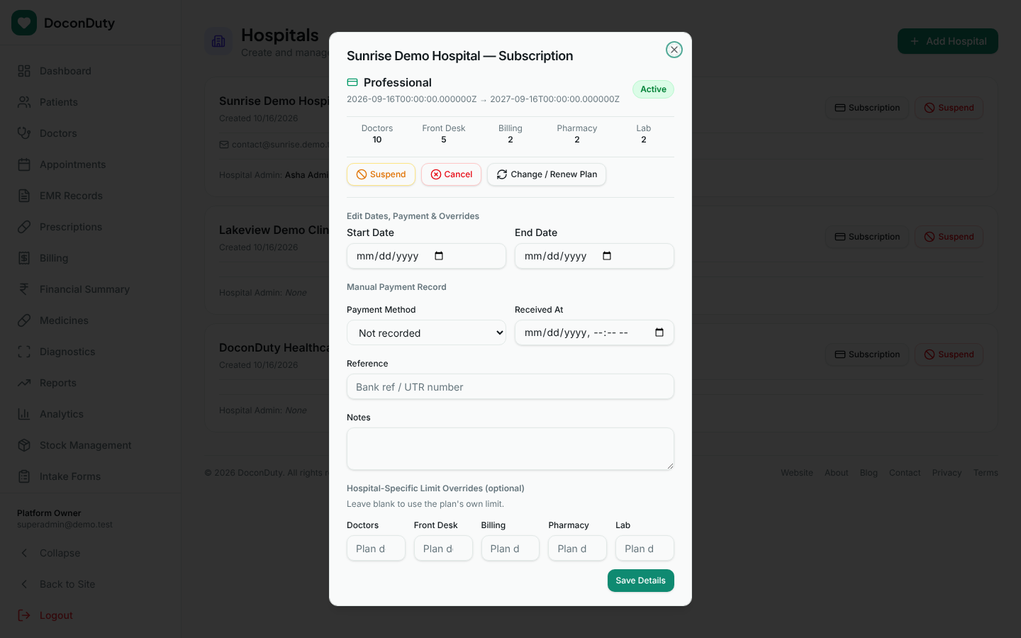 The hospital subscription window with plan details, status buttons and edit fields.