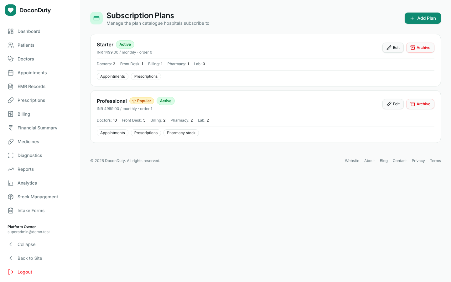 The Subscription Plans page listing plans with price, limits and Edit and Archive buttons.